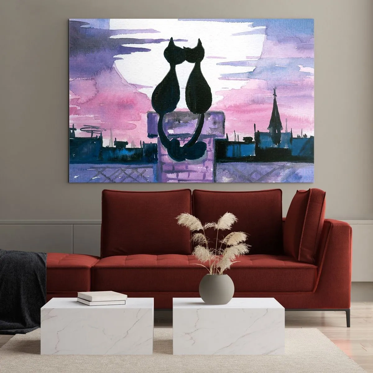 Quadro em vidro - Silhuetas de dois gatos contra o pôr do sol - 70x50cm - Rendez-vous sob a lua - Decoração de parede moderna para a sala de estar e quarto ARTTOR