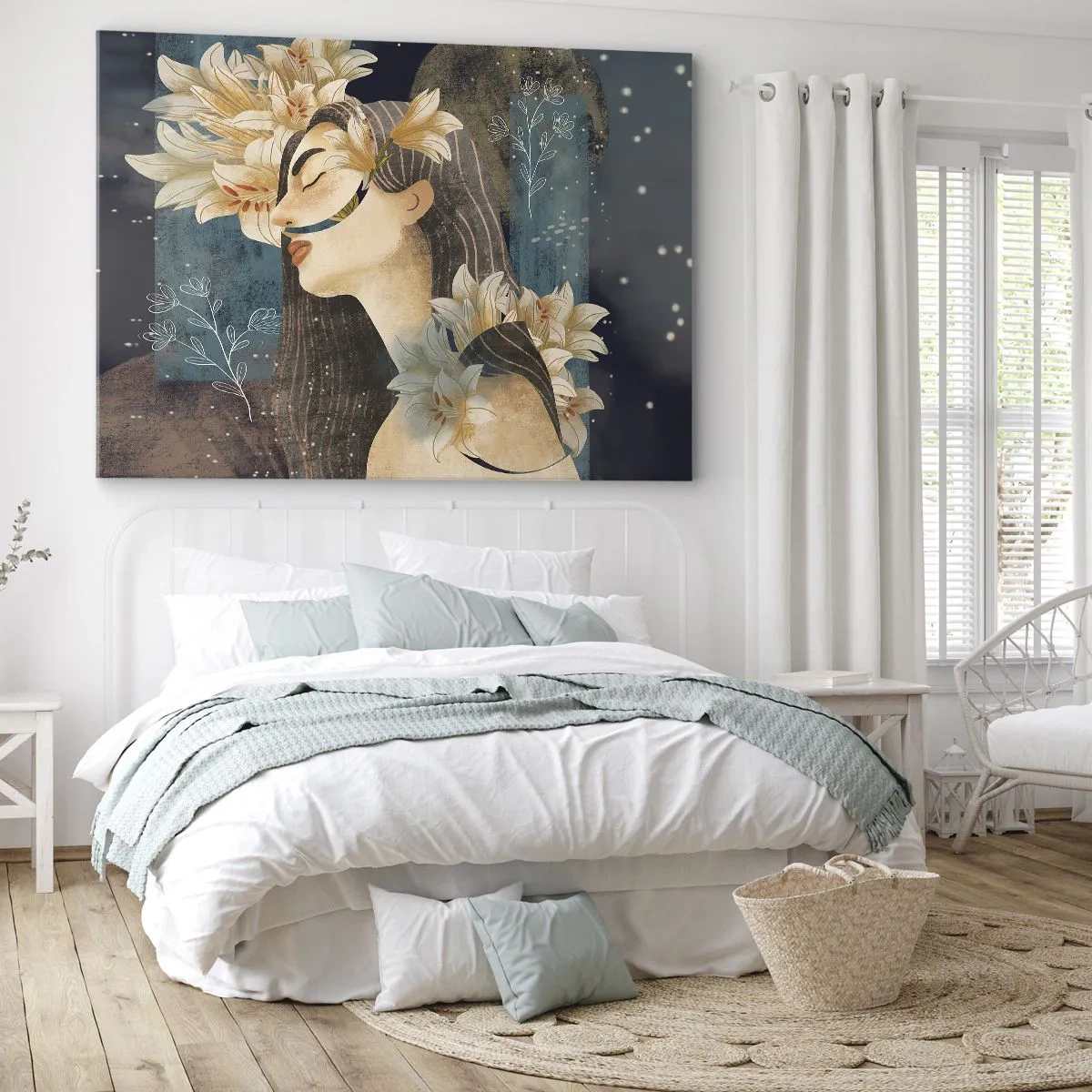 Quadro em tela - Retrato de uma mulher com flores em estilo artístico sobre fundo escuro - 70x50cm - O conto da princesa com lírios - Decoração de parede moderna para a sala de estar e quarto ARTTOR