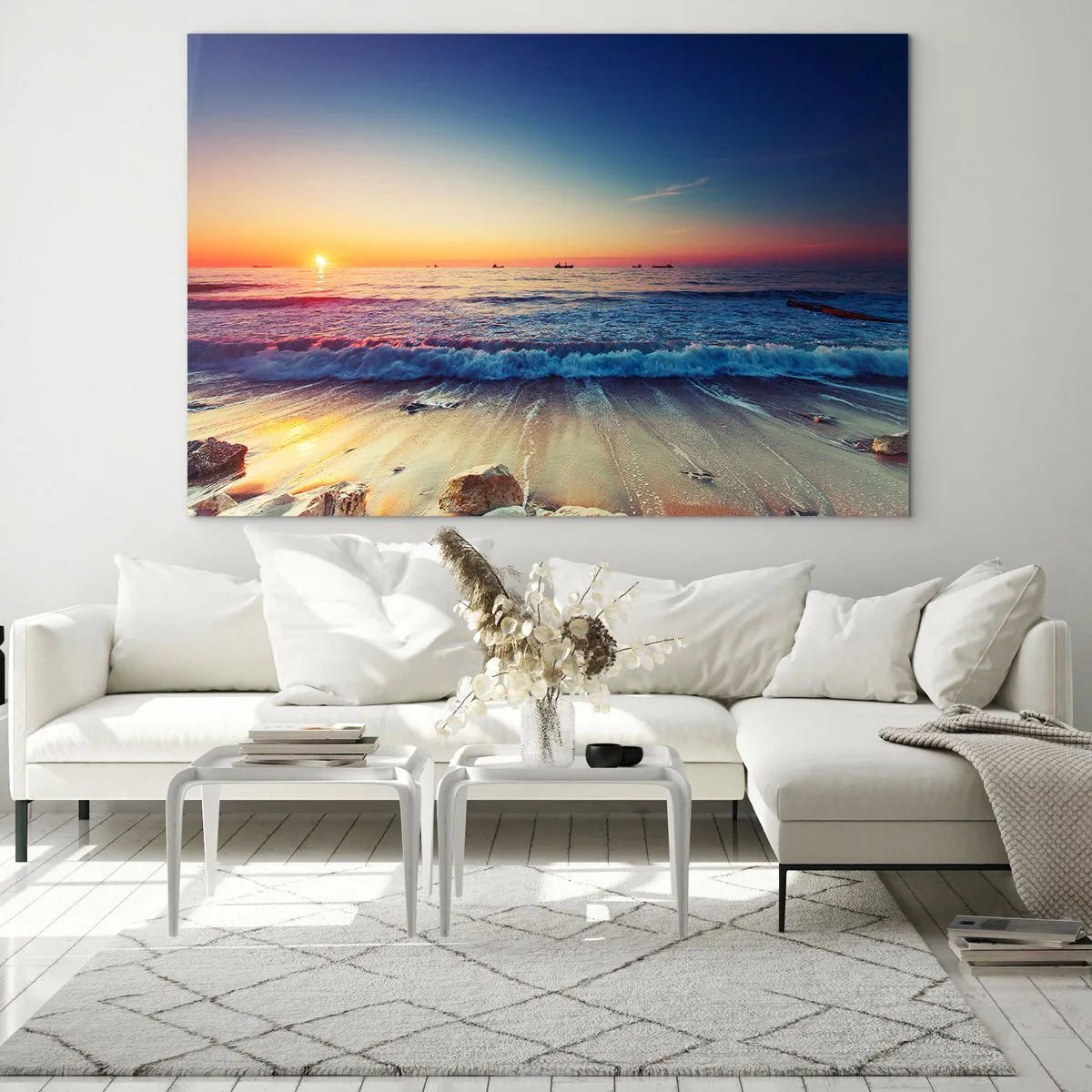 Quadro em vidro - Pôr do sol sobre a praia com ondas suaves e mar calmo - 70x50cm - E além do horizonte? - Decoração de parede moderna para a sala de estar e quarto ARTTOR