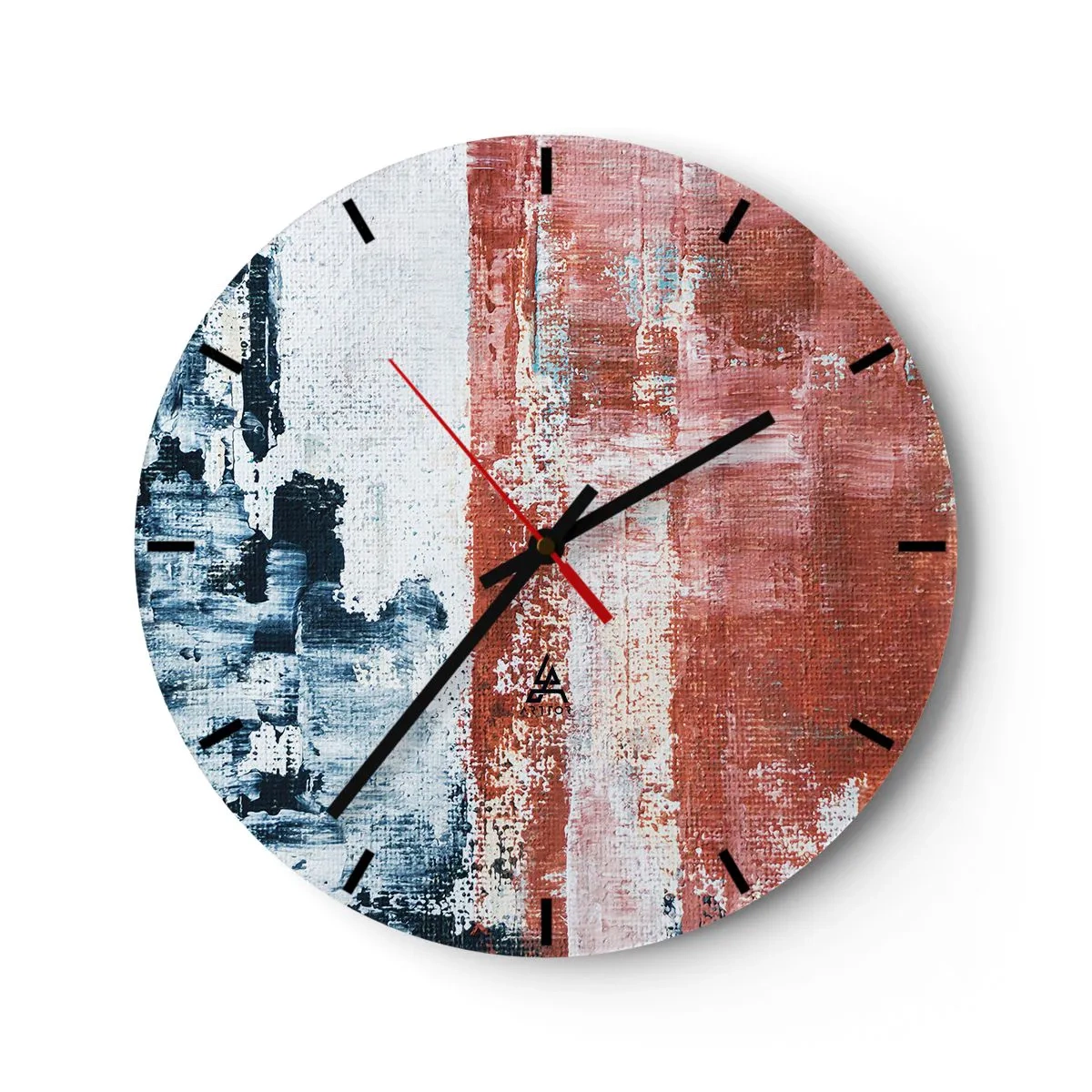 Relógio de parede - Relógio em vidro - Composição abstrata em tons de azul e vermelho - 30x30cm - Meio a meio abstrato - Decoração de parede moderna para a sala de estar, cozinha e quarto ARTTOR