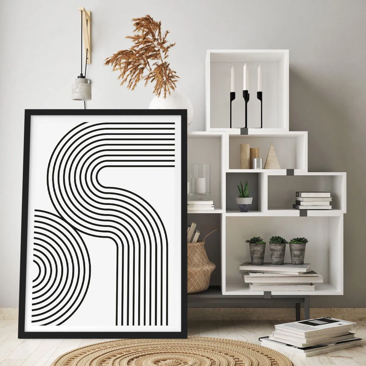 Pôster com moldura preta - Gráficos modernos com linhas abstratas em preto e branco - 50x70cm - Na curva - Decoração de parede moderna para a sala de estar e quarto ARTTOR