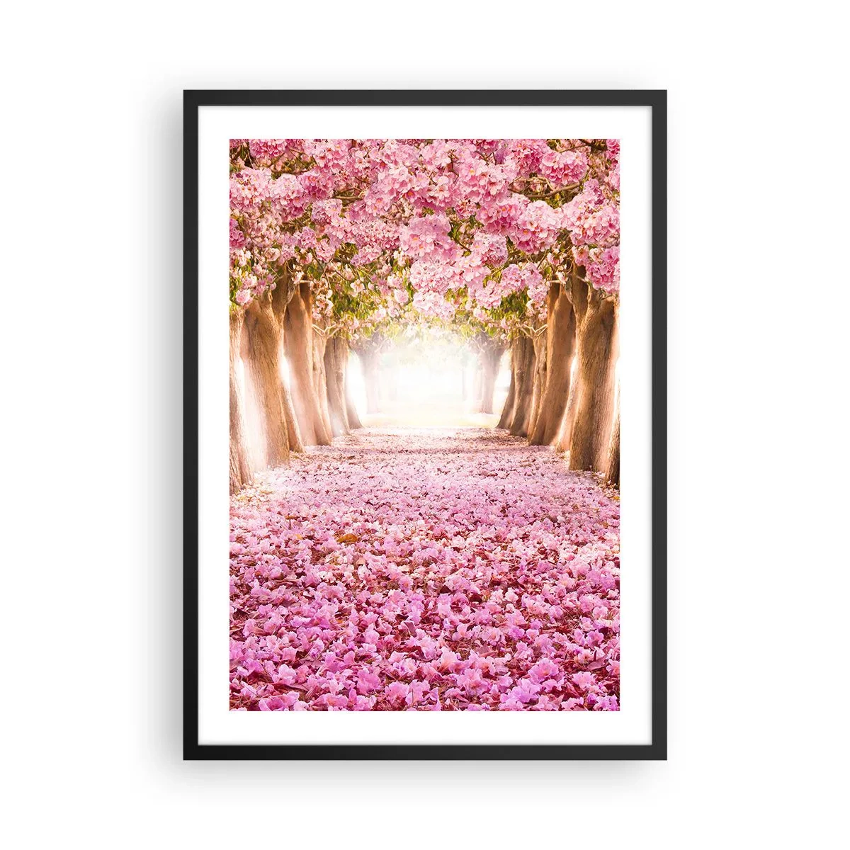 Pôster com moldura preta - Uma avenida de cerejeiras com um tapete floral rosa - 50x70cm - O Caminho para o Paraíso - Decoração de parede moderna para a sala de estar e quarto ARTTOR