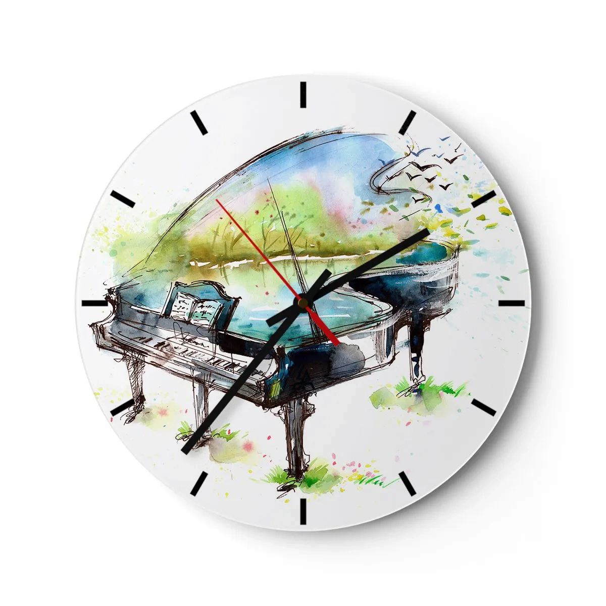 Relógio de parede - Relógio em vidro - Um piano com uma paisagem ao fundo, feito em estilo aquarela - 30x30cm - Encantado pela música - Decoração de parede moderna para a sala de estar, cozinha e quarto ARTTOR