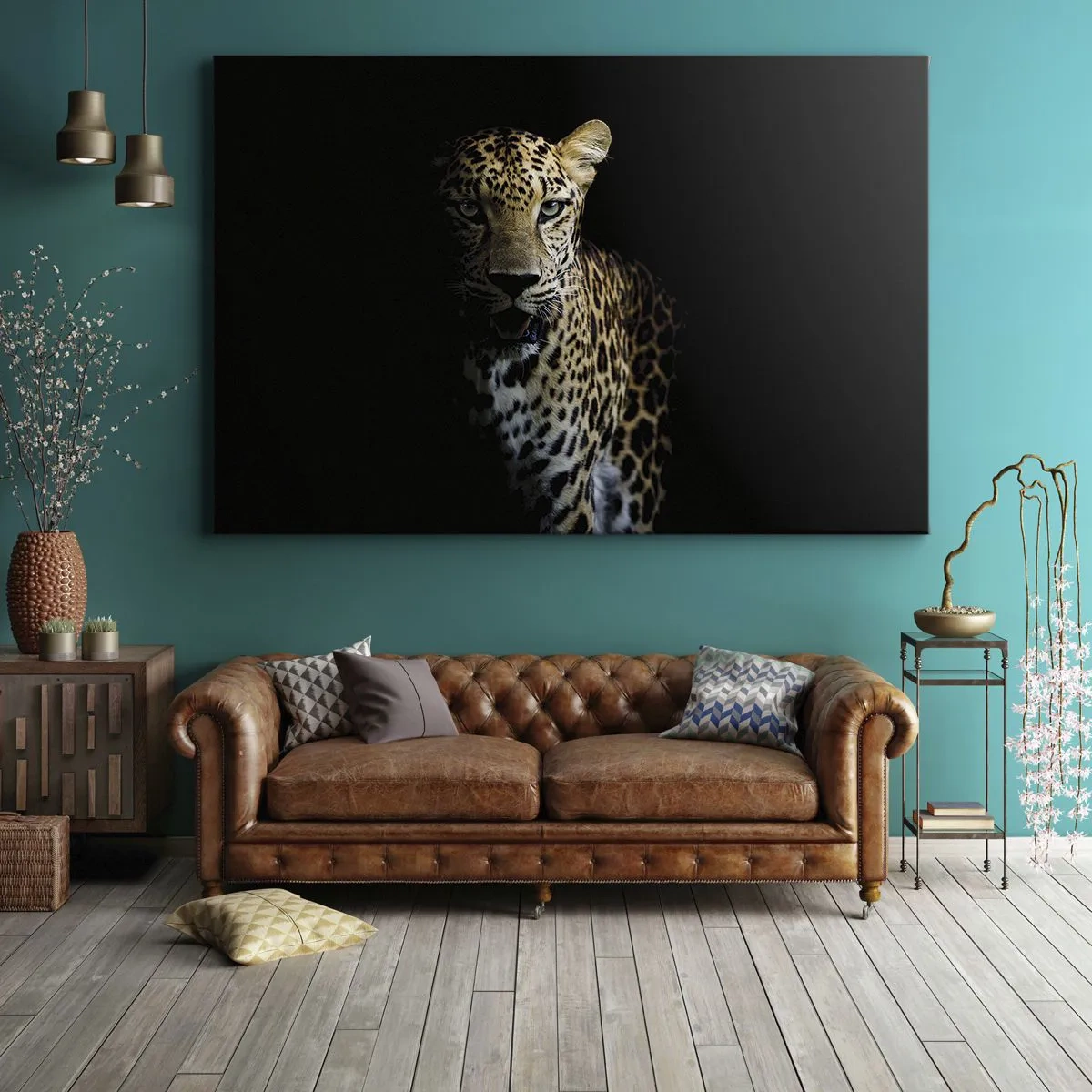 Quadro em tela - Um leopardo em um fundo escuro com um olhar intenso - 70x50cm - Beleza escura - Decoração de parede moderna para a sala de estar e quarto ARTTOR