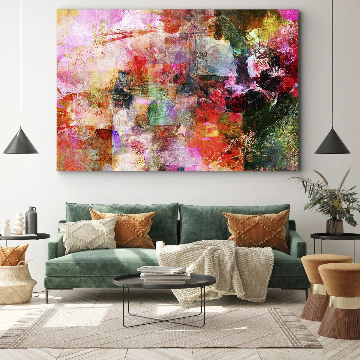 Quadro em tela - Uma composição abstrata com tons dominantes de rosa e vermelho. - 70x50cm - Viagem rosa - Decoração de parede moderna para a sala de estar e quarto ARTTOR