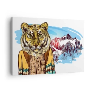 Quadro em tela - Um tigre com um casaco contra uma paisagem montanhosa - 70x50cm - Não tão selvagem como dizzem - Decoração de parede moderna para a sala de estar e quarto ARTTOR