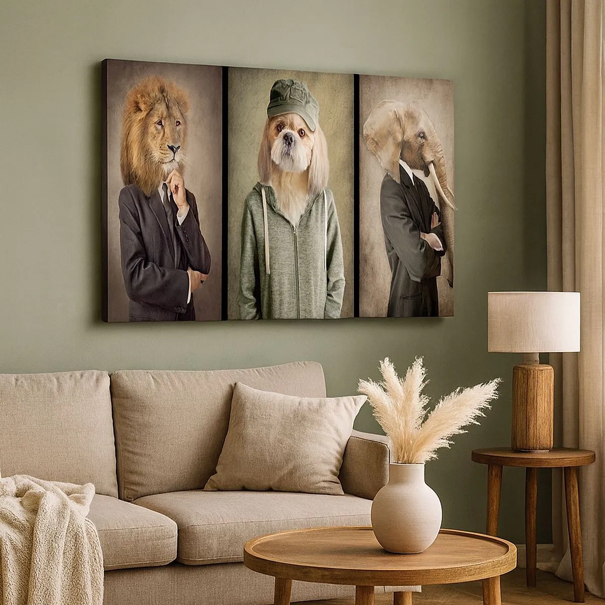 Quadro em tela - Retratos estilizados de um leão, um cachorro e um elefante em roupas elegantes - 70x50cm - Prefiro relaxar - Decoração de parede moderna para a sala de estar e quarto ARTTOR
