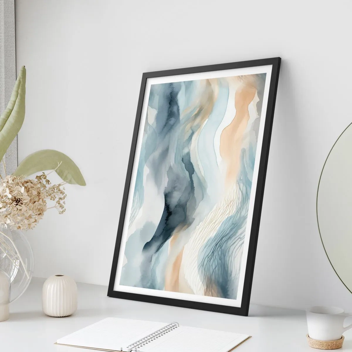 Pôster com moldura preta - Ondas abstratas em tons de bege e azul marinho - 50x70cm - Abstração nevada e nebulosa - Decoração de parede moderna para a sala de estar e quarto ARTTOR