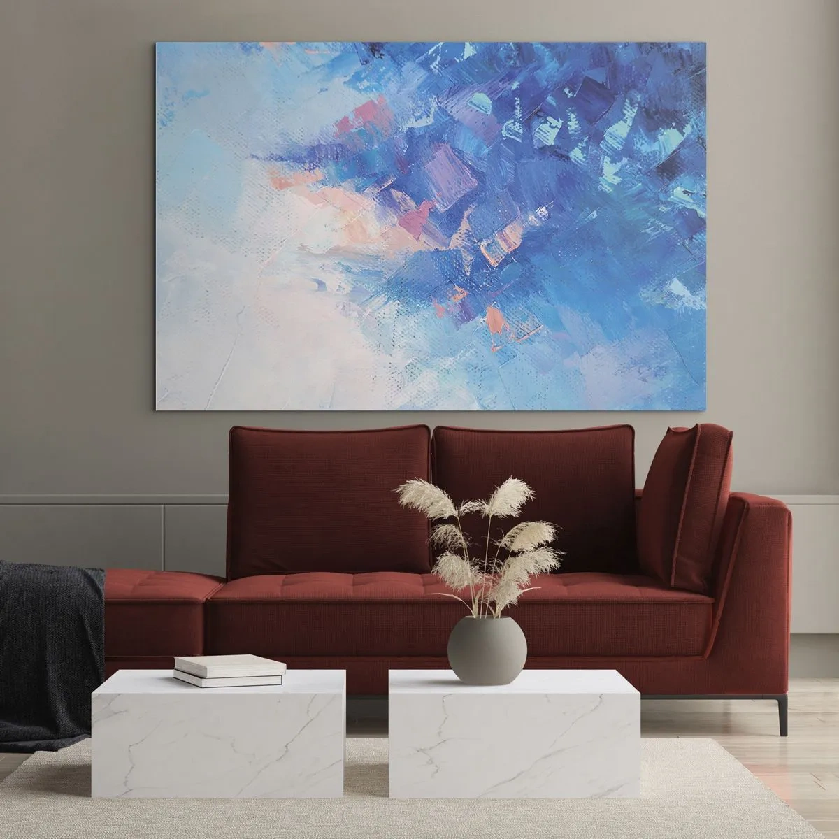 Quadro em vidro - Paisagem abstrata de inverno com tons frios de azul e rosa suave - 70x50cm - Abstração de inverno - Decoração de parede moderna para a sala de estar e quarto ARTTOR