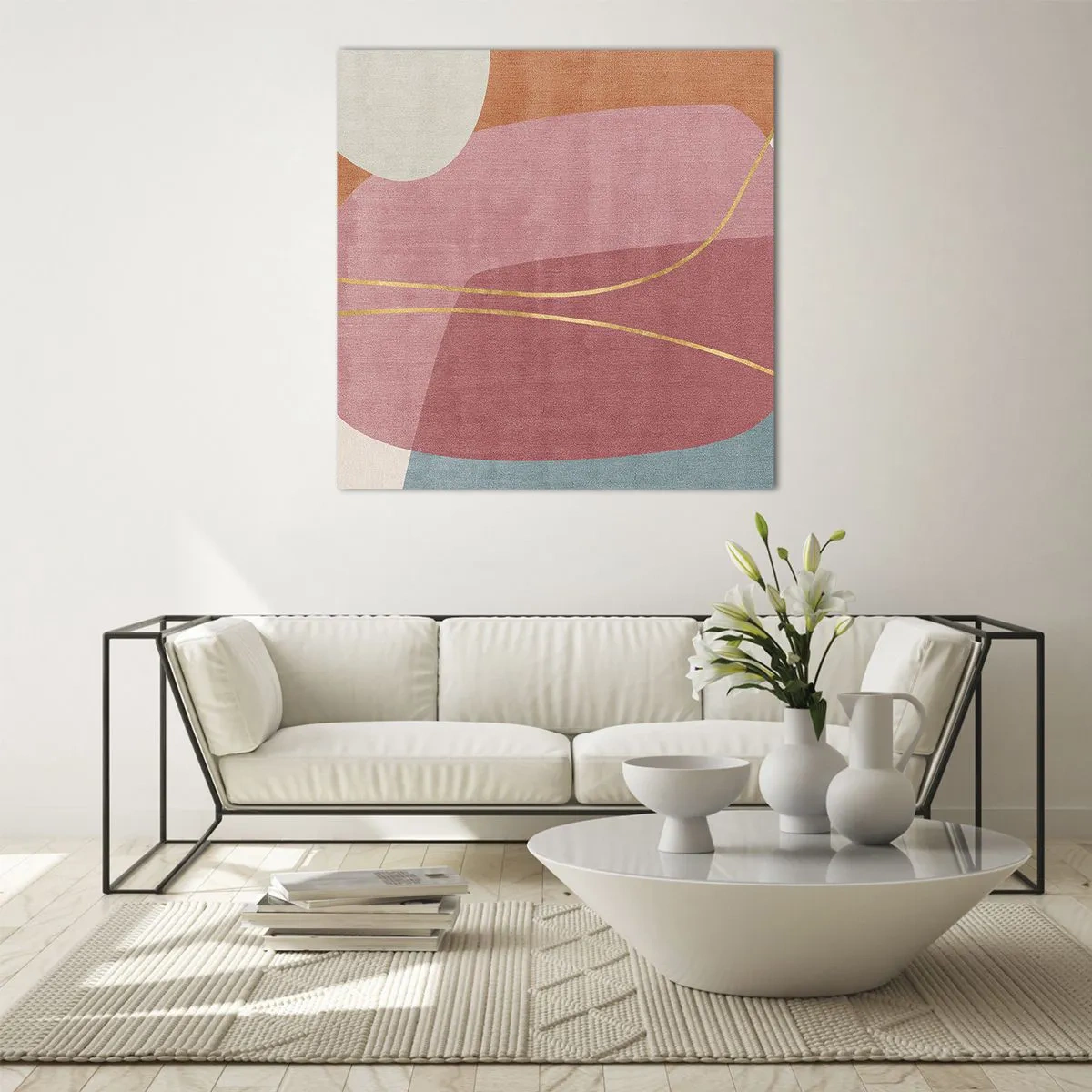 Quadro em vidro - Composição pastel com fio dourado - 40x40 cm