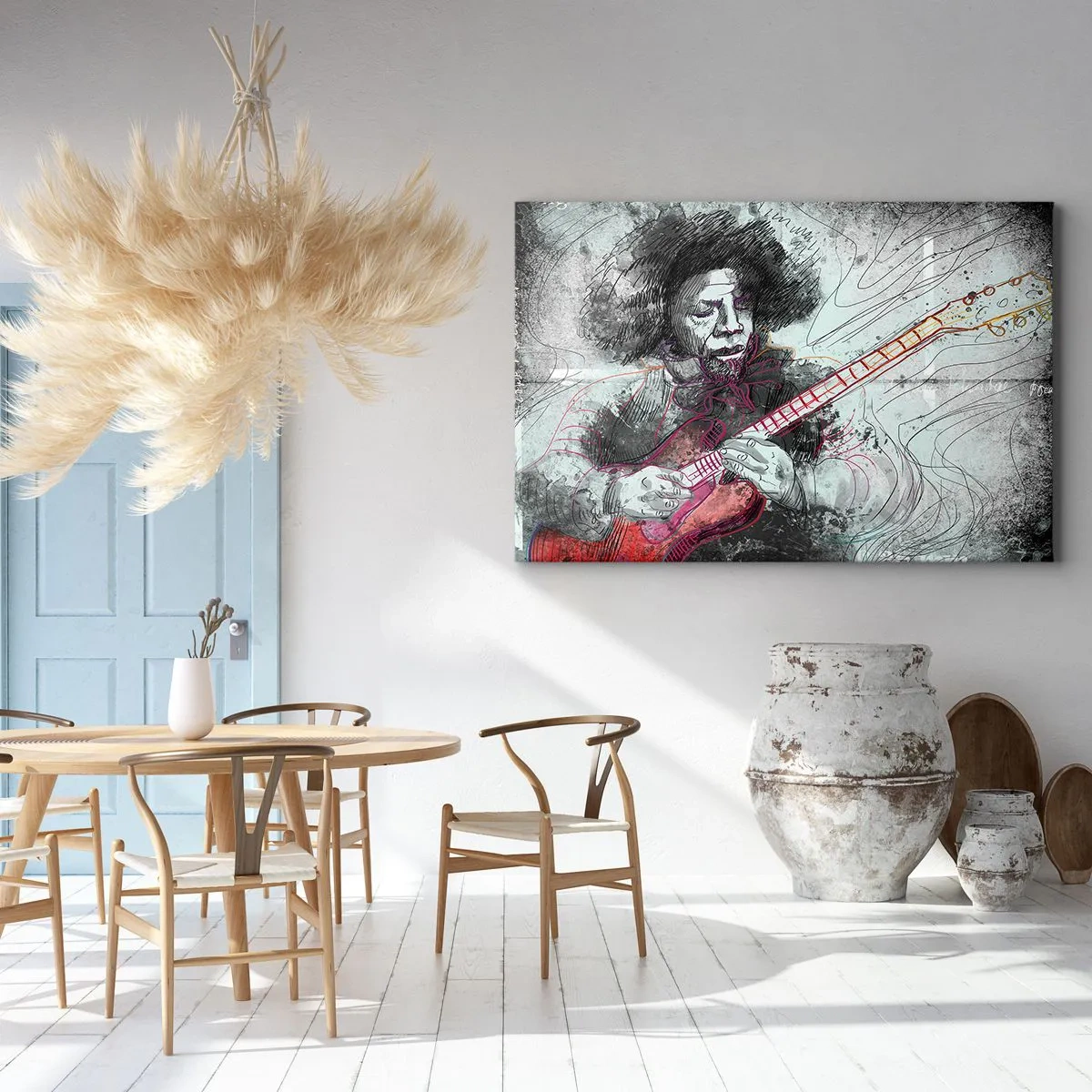 Quadro em tela - Retrato artístico de um guitarrista na técnica de esboço - 70x50cm - Nas ondas da música - Decoração de parede moderna para a sala de estar e quarto ARTTOR