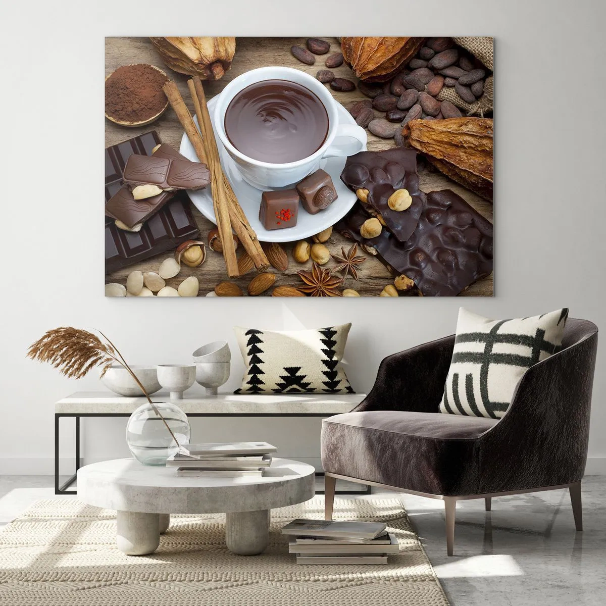 Quadro em vidro - Uma xícara de chocolate quente com coberturas em um fundo rústico - 70x50cm - Da fábrica de chocolate de conto de fadas - Decoração de parede moderna para a sala de estar e quarto ARTTOR