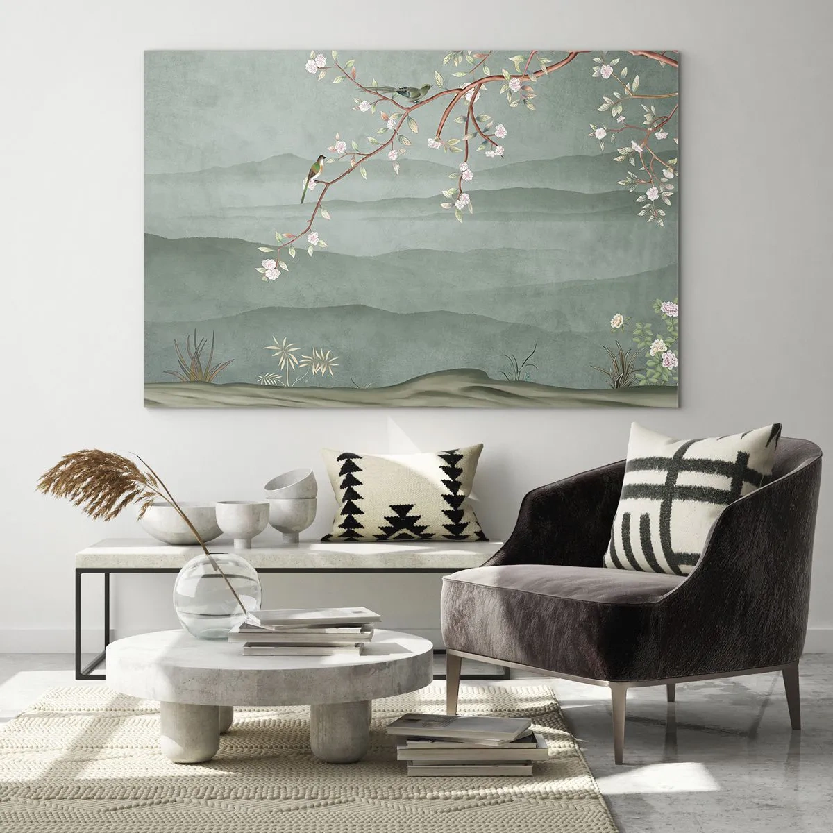 Quadro em vidro - Um ramo com flores e pássaros contra um fundo de colinas verdes - 70x50cm - Primavera, oh, és tu - Decoração de parede moderna para a sala de estar e quarto ARTTOR