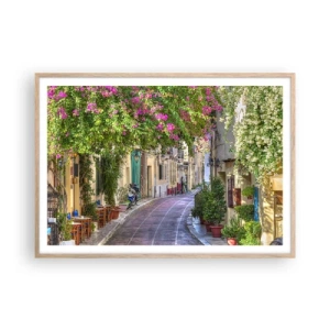Pôster com moldura de carvalho claro - Beco florido - 100x70 cm