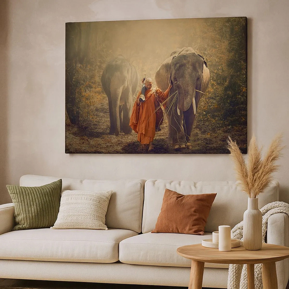 Quadro em tela - Um monge com uma túnica laranja conduz um elefante pela floresta. - 70x50cm - Compreensão completa - Decoração de parede moderna para a sala de estar e quarto ARTTOR