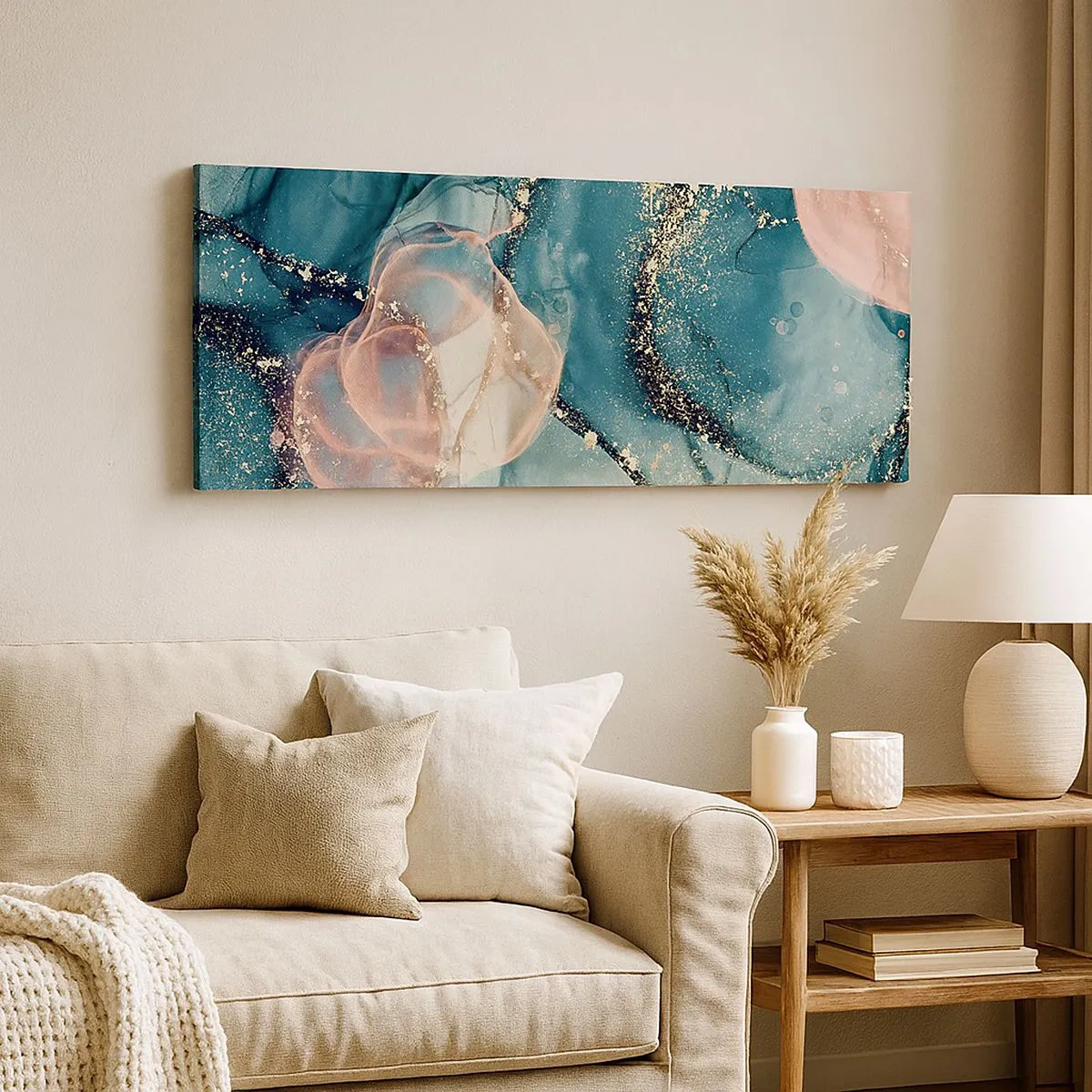 Quadro em tela - Azul seda, rosa tule - 100x40 cm