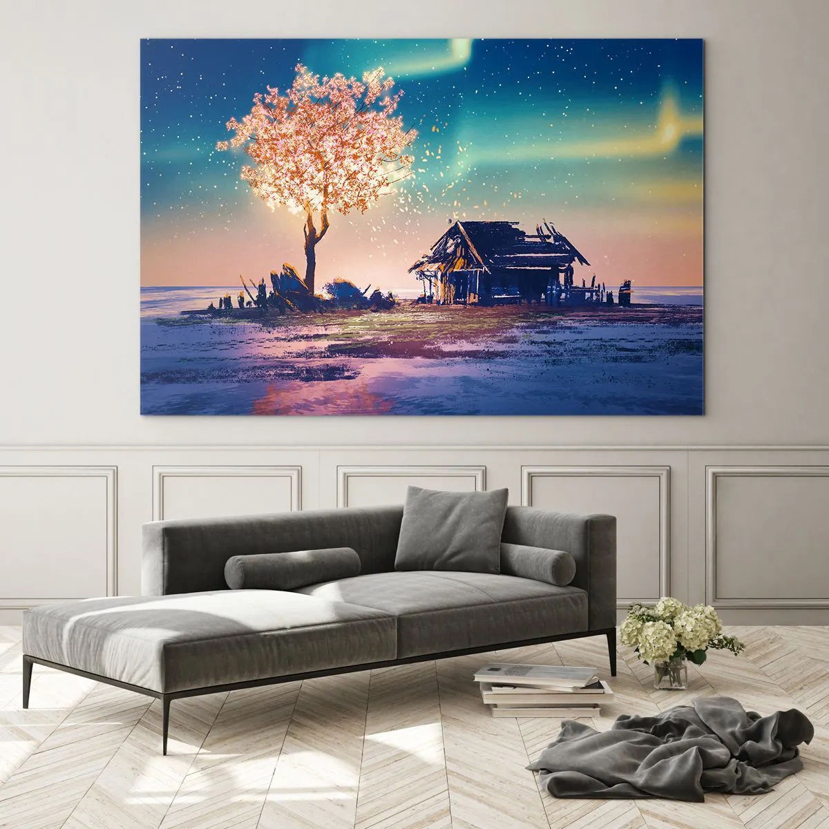 Quadro em vidro - Uma paisagem mágica com uma árvore florida e uma casa de campo - 70x50cm - A natureza não passa - Decoração de parede moderna para a sala de estar e quarto ARTTOR