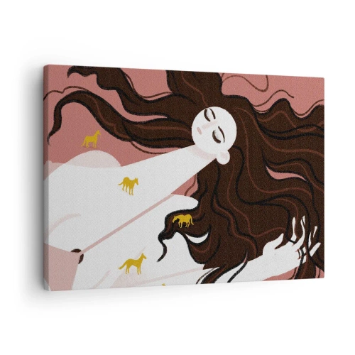 Quadro em tela - Uma figura com os olhos fechados rodeada por cavalos dourados - 70x50cm - Sonho com um cavalo dourado - Decoração de parede moderna para a sala de estar e quarto ARTTOR