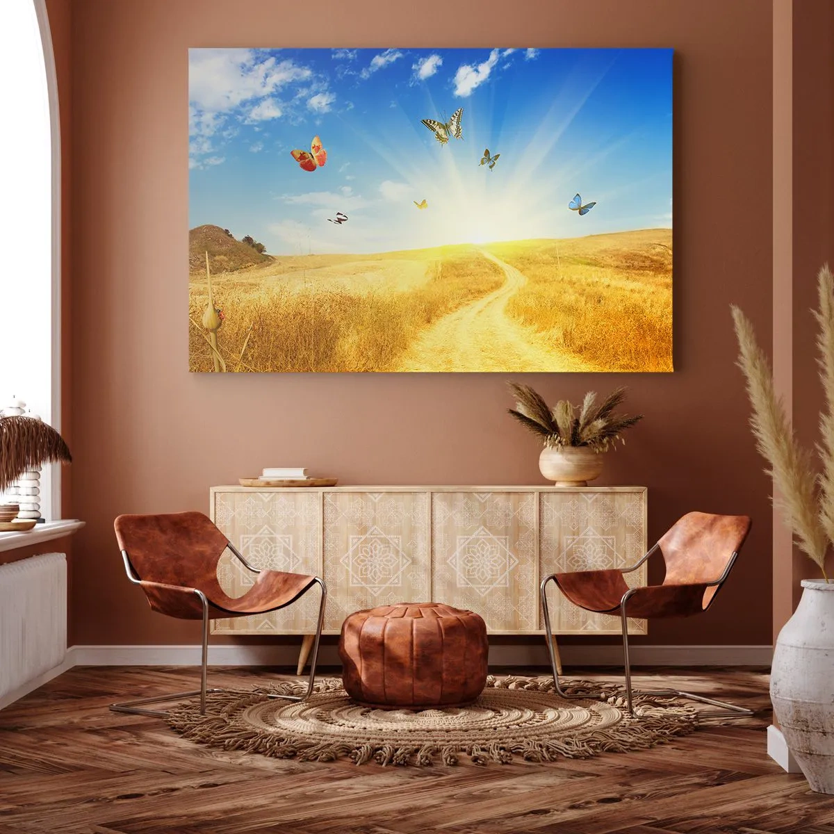 Quadro em tela - Um campo dourado, um caminho e borboletas contra um céu azul - 70x50cm - E como não amar o verão? - Decoração de parede moderna para a sala de estar e quarto ARTTOR