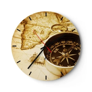 Relógio de parede - Relógio em vidro - Uma bússola contra o fundo de um mapa antigo em tons quentes - 30x30cm - Oriente ou Ocidente? - Decoração de parede moderna para a sala de estar, cozinha e quarto ARTTOR