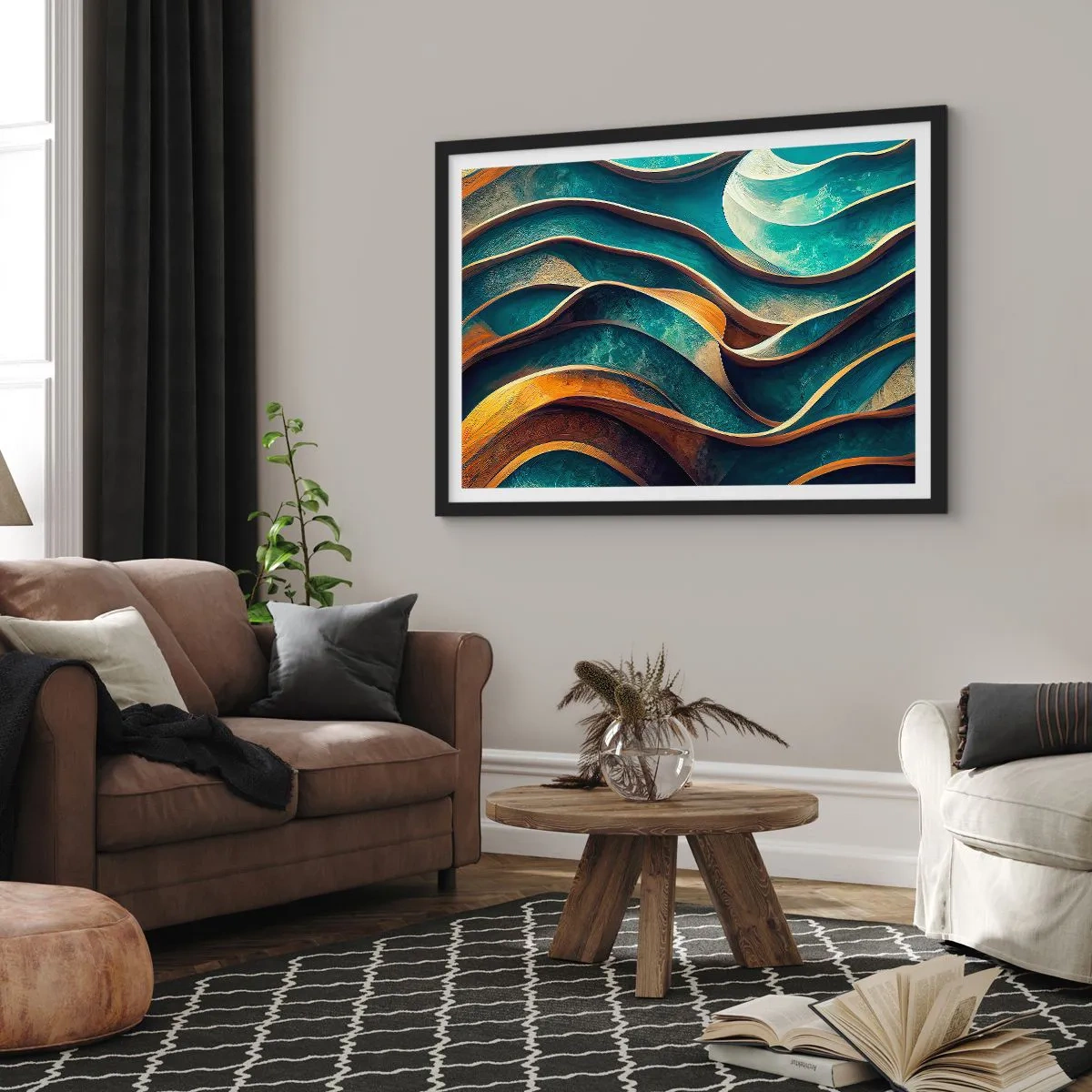 Pôster com moldura preta - Meandros de azul - 70x50 cm