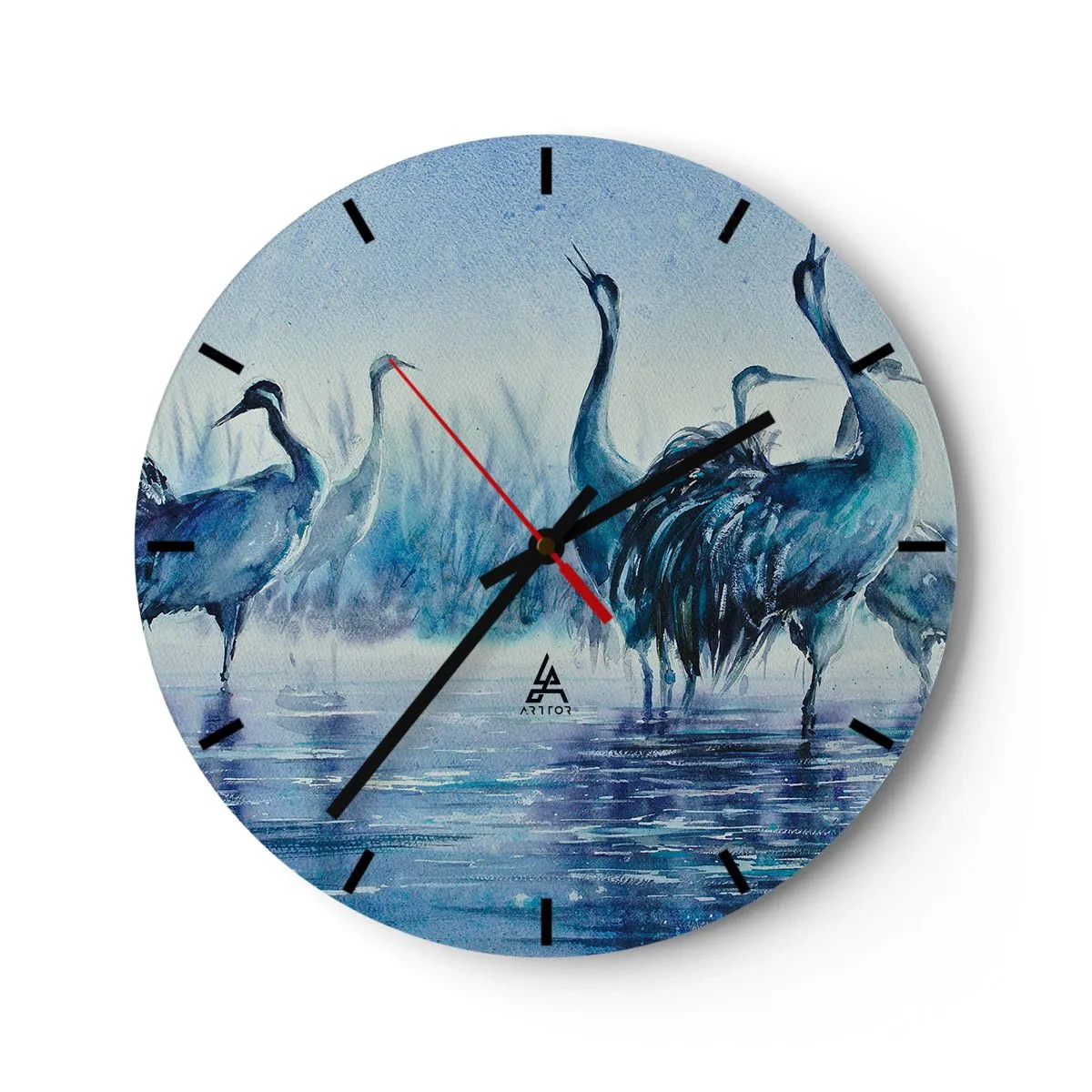 Relógio de parede - Relógio em vidro - Pintura em aquarela de aves pernaltas - 30x30cm - Reunião matinal - Decoração de parede moderna para a sala de estar, cozinha e quarto ARTTOR