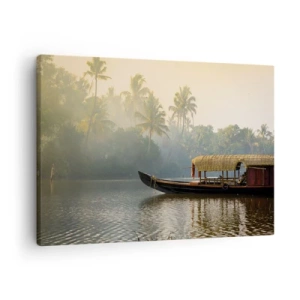 Quadro em tela - Um barco tradicional em um rio calmo entre palmeiras - 70x50cm - Casa no rio - Decoração de parede moderna para a sala de estar e quarto ARTTOR