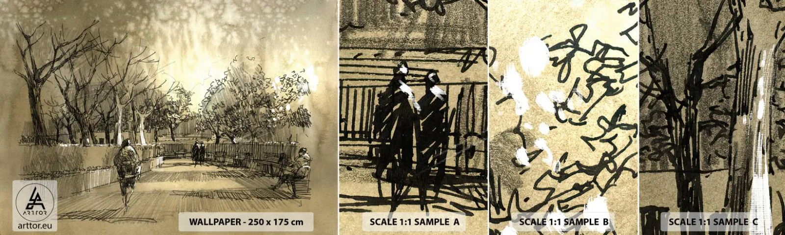 Amostra de papel de parede autocolante Deluxe Sticker - Um momento capturado por uma pena - Beco do Parque, Parque, Sépia - 100x30 cm