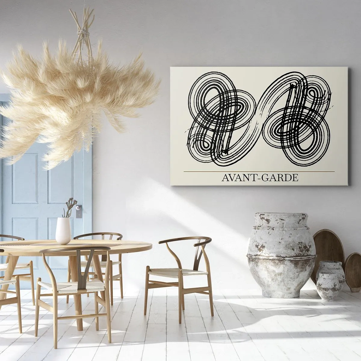 Quadro em tela - Linhas pretas abstratas sobre fundo claro em estilo vanguardista. - 70x50cm - Saiu espontaneamente - Decoração de parede moderna para a sala de estar e quarto ARTTOR
