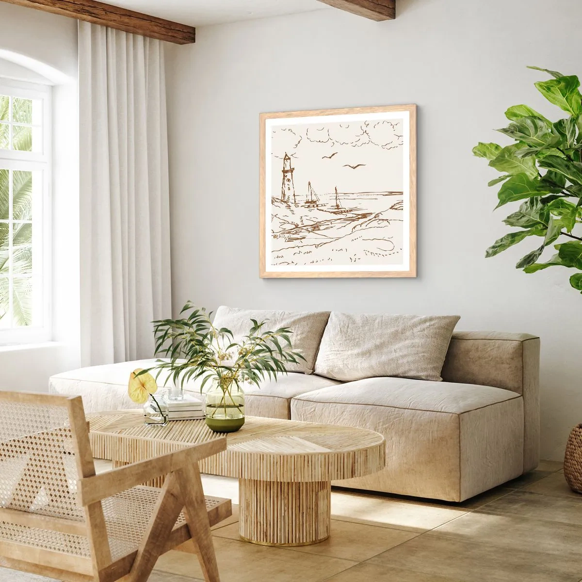 Pôster com moldura de carvalho claro - Esboço das memórias do verão - 30x30 cm