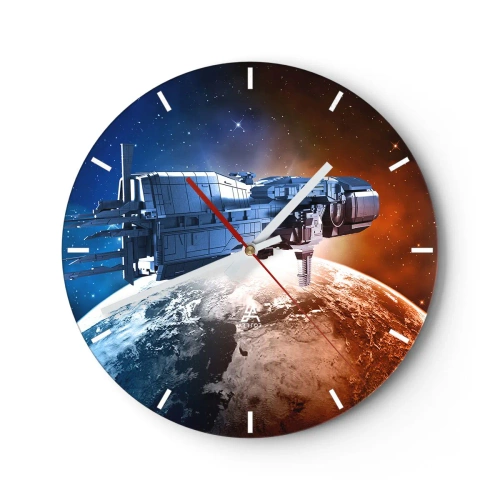 Relógio de parede - Relógio em vidro - Um mostrador de relógio com o motivo de uma nave espacial pairando sobre a Terra - 30x30cm - Observador atento - Decoração de parede moderna para a sala de estar, cozinha e quarto ARTTOR