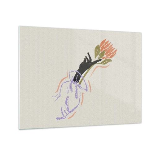 Quadro em vidro - Uma mão estilizada com um buquê de flores desenhado com linhas em tons pastéis. - 70x50cm - Toque fraterno - Decoração de parede moderna para a sala de estar e quarto ARTTOR