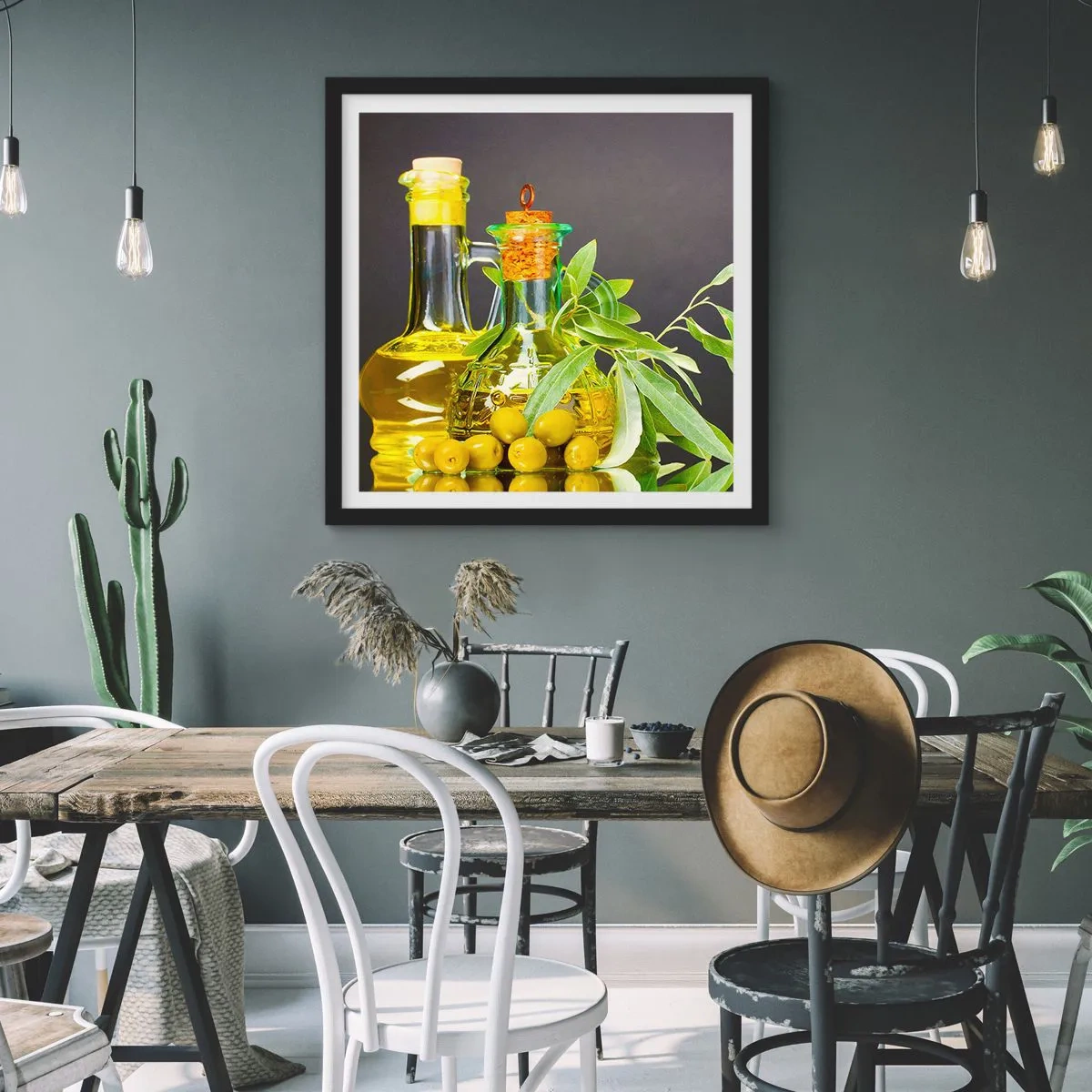 Pôster com moldura preta - Natureza morta com azeitonas e azeite - 60x60 cm