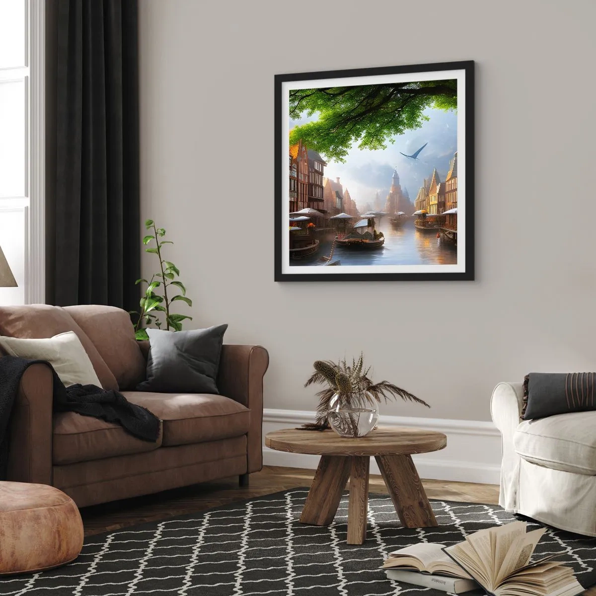 Pôster com moldura preta - Paisagem urbana holandesa - 60x60 cm