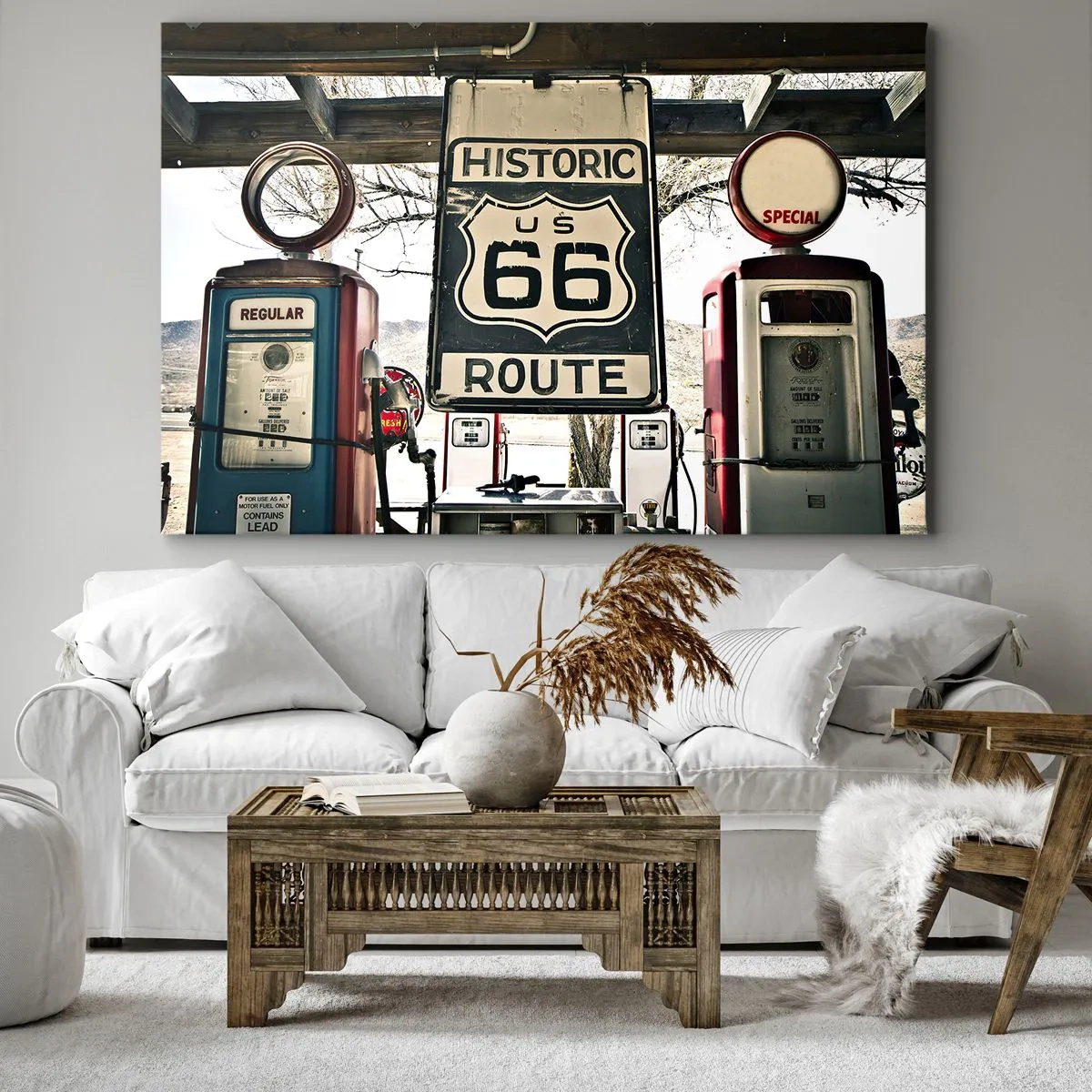 Quadro em tela - Posto de gasolina histórico da Rota 66 - 70x50cm - Viagens retro americanas - Decoração de parede moderna para a sala de estar e quarto ARTTOR