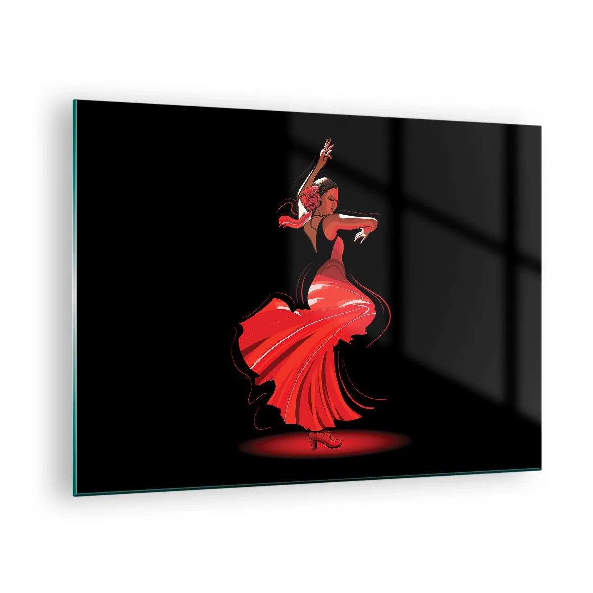 Quadro em vidro - Dançarina de flamenco em um vestido vermelho sobre um fundo preto - 70x50cm - O espírito ardente do flamenco - Decoração de parede moderna para a sala de estar e quarto ARTTOR