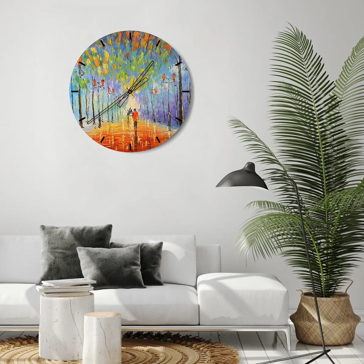 Relógio de parede - Relógio em vidro - Uma avenida colorida com árvores e uma pessoa caminhando ao longe - 30x30cm - Canto nocturno da chuva - Decoração de parede moderna para a sala de estar, cozinha e quarto ARTTOR