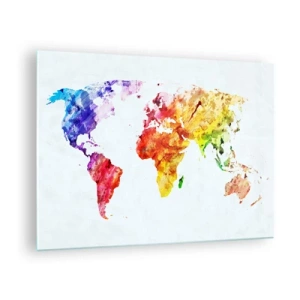 Quadro em vidro - Mapa-múndi em aquarela com cores brilhantes - 70x50cm - Todas as cores do mundo - Decoração de parede moderna para a sala de estar e quarto ARTTOR