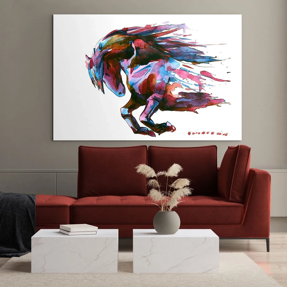 Quadro em vidro - Cavalo abstrato em uma composição de cores dinâmica - 70x50cm - Em êxtase - Decoração de parede moderna para a sala de estar e quarto ARTTOR