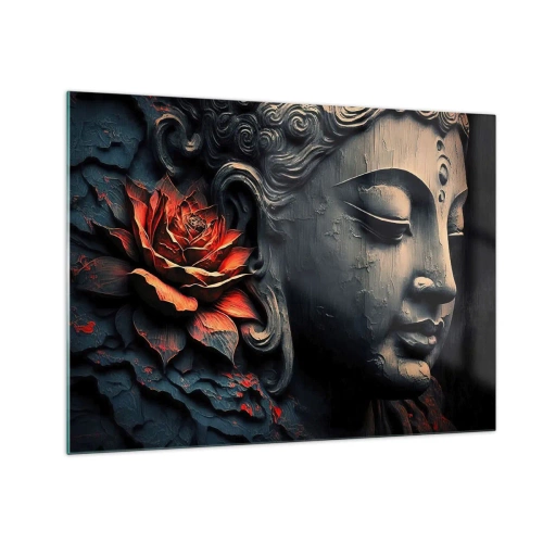 Quadro em vidro - Perfil de uma figura meditando com uma flor vermelha sobre um fundo escuro. - 70x50cm - Em harmonia com o mundo - Decoração de parede moderna para a sala de estar e quarto ARTTOR