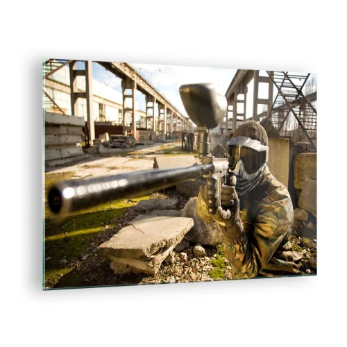 Quadro em vidro - Jogador de paintball em ação em ambiente industrial - 70x50cm - Você também pode ser um herói - Decoração de parede moderna para a sala de estar e quarto ARTTOR