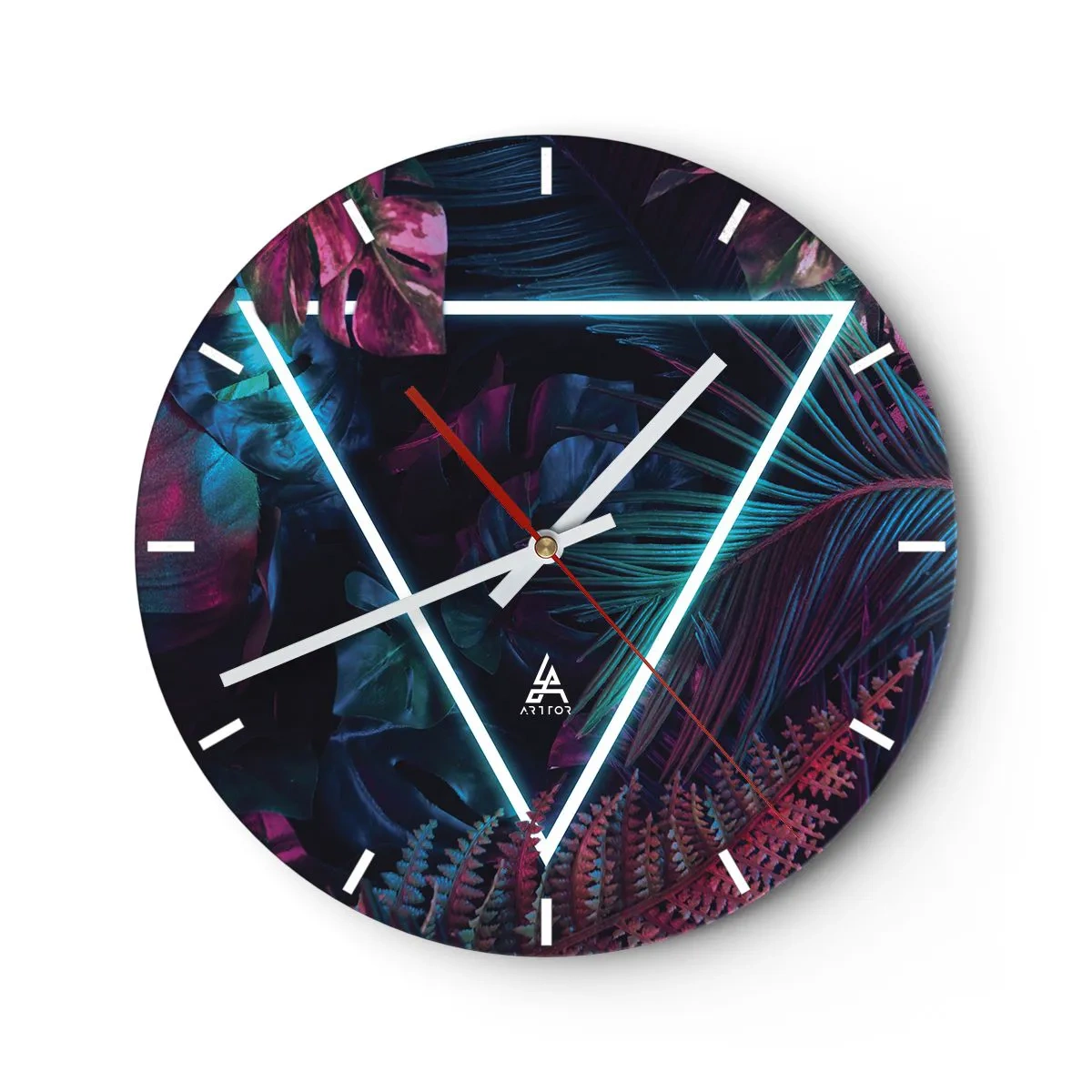 Relógio de parede - Relógio em vidro - Folhas tropicais e samambaias com triângulo neon - 30x30cm - Jardim estilo discoteca - Decoração de parede moderna para a sala de estar, cozinha e quarto ARTTOR