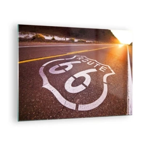 Quadro em vidro - Rota 66 ao pôr do sol - 70x50cm - A famosa estrada 66 - Decoração de parede moderna para a sala de estar e quarto ARTTOR