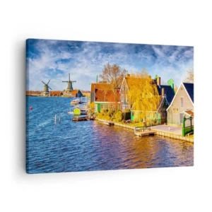 Quadro em tela - Casas pitorescas e moinhos de vento à beira da água - 70x50cm - Inalterada durante séculos - Decoração de parede moderna para a sala de estar e quarto ARTTOR