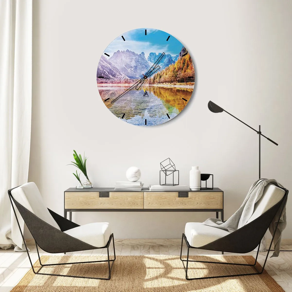 Relógio de parede - Relógio em vidro - Uma paisagem montanhosa com uma floresta de outono refletida na superfície do lago - 30x30cm - E nas montanhas é outono - Decoração de parede moderna para a sala de estar, cozinha e quarto ARTTOR