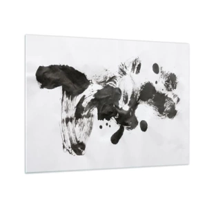 Quadro em vidro - Mancha preta abstrata e pinceladas em fundo branco - 70x50cm - Existe um método para a loucura? - Decoração de parede moderna para a sala de estar e quarto ARTTOR