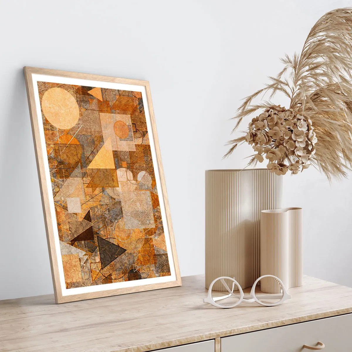 Pôster com moldura de carvalho claro - Estudo Cubista em Bronze - 70x100 cm