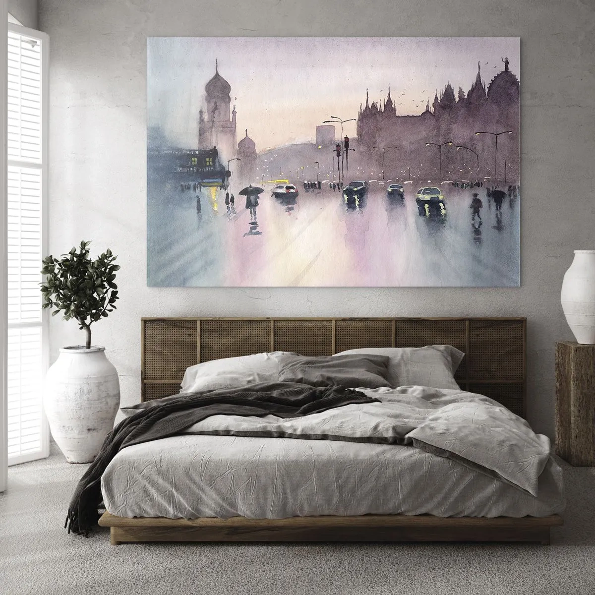 Quadro em vidro - Paisagem urbana chuvosa - 70x50cm - Na névoa chuvosa - Decoração de parede moderna para a sala de estar e quarto ARTTOR