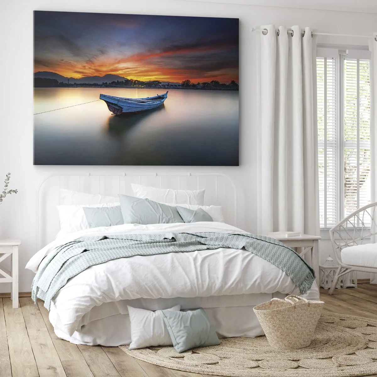 Quadro em tela - Um barco na água durante um pôr do sol pitoresco - 70x50cm - Uma boa noite se aproxima - Decoração de parede moderna para a sala de estar e quarto ARTTOR