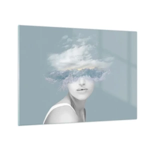 Quadro em vidro - O rosto de uma mulher se funde com o céu e as nuvens em uma visão surreal. - 70x50cm - Com a cabeça nas nuvens - Decoração de parede moderna para a sala de estar e quarto ARTTOR